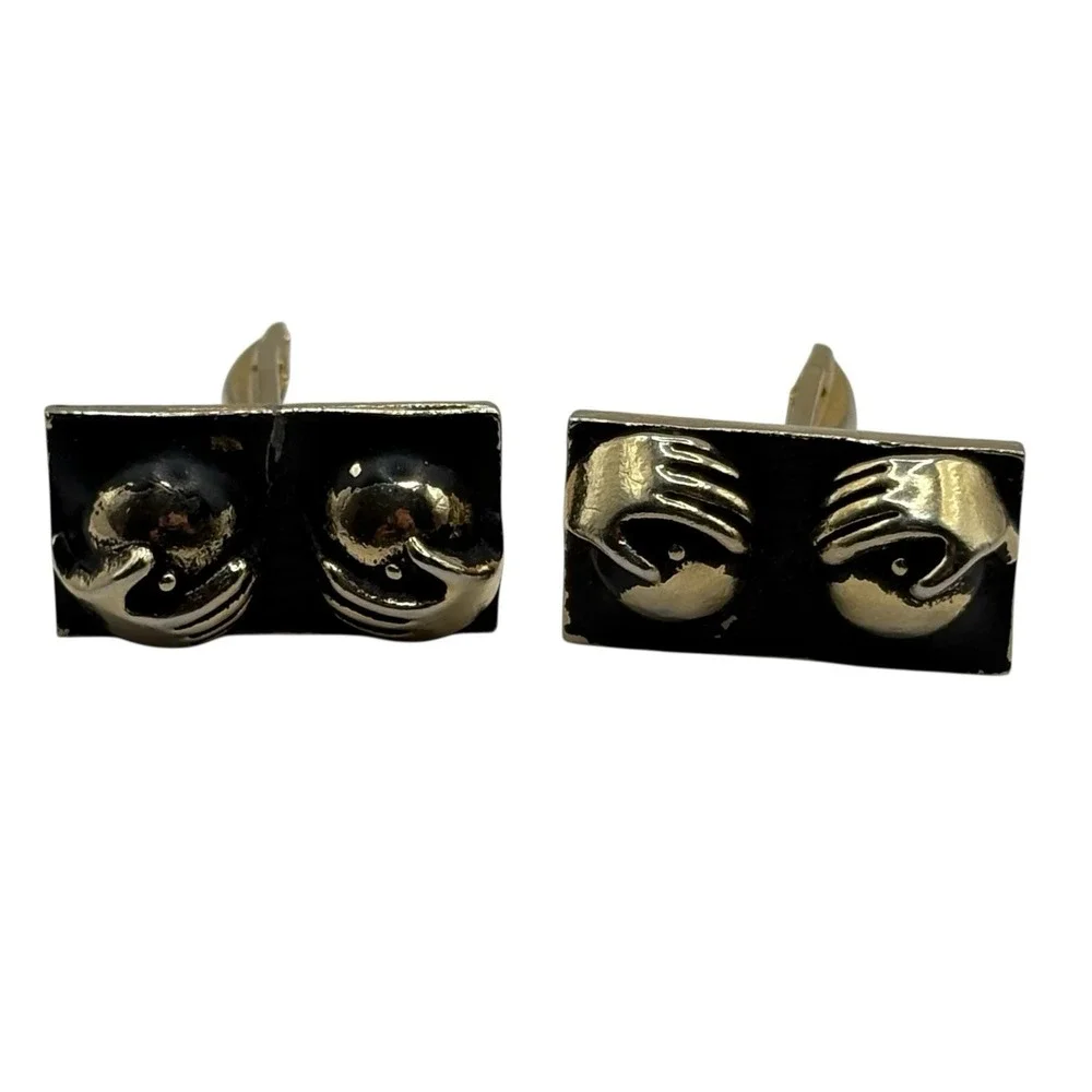 Boobs Breasts Cufflinks Naughty Gold Tone Black‎ Happy Hands Novelty Funny READ